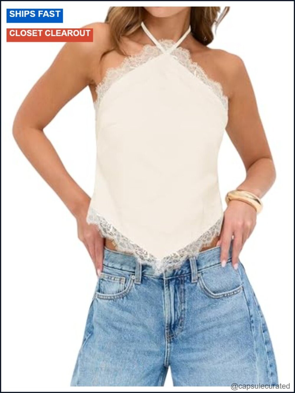 Silk Satin Halter Top Lace Trim Handkerchief Hem Sleeveless Backless Tank